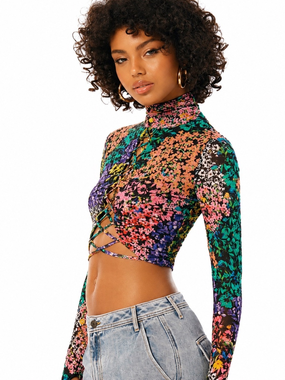 AFRM Lela Floral Mesh Lace Up Mock Neck Crop Top Multicolor Women Size S